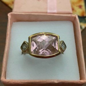 PINK SAPPHIRE Sept / ZIRCON Oct (CZ) Faceted RECTANGLE + 2 round * - sz 7 Ring